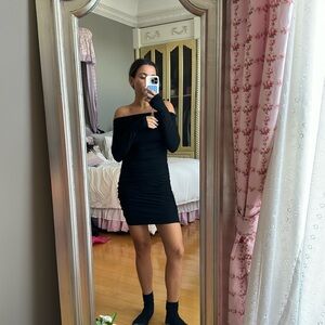 Black,  off the shoulder, ribbed, long sleeve mini dress